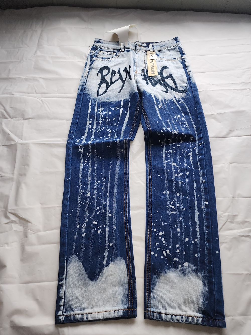 WATSON MEN'S EMBROIDERED HAND BLEACHED DENIM BLUE JEANS SIZE 30W / 32IN NWT